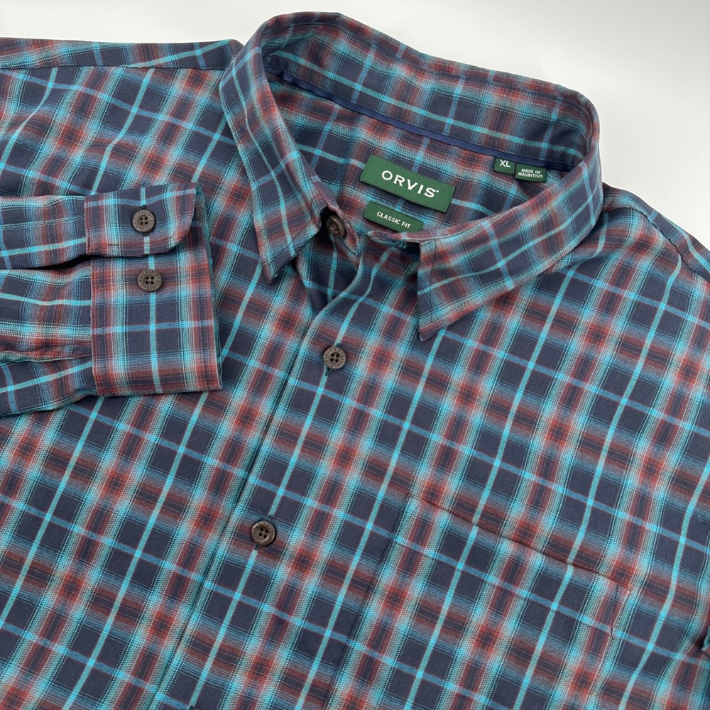 Orvis Button Down Shirt Mens XL Blue Plaid Classic Fit Polyester Wool Blend